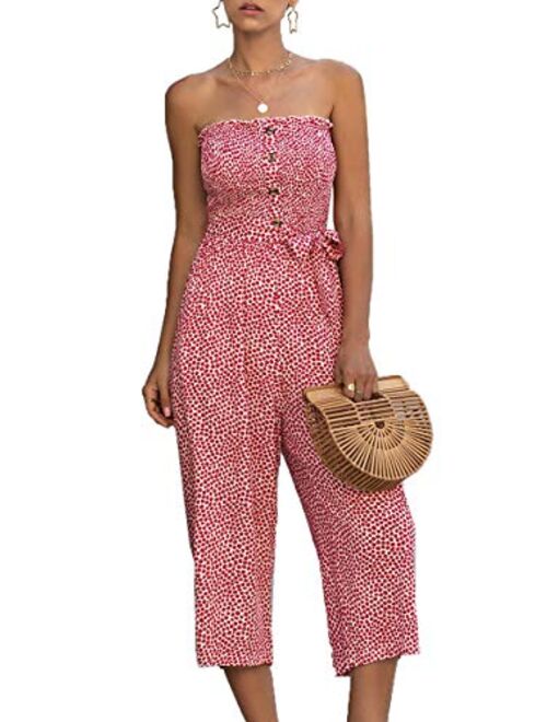 Angashion Women’s Jumpsuit-Casual Off Shoulder Sleeveless Ruffle Button Belt Wide Leg Jumpsuits Romper with Pockets