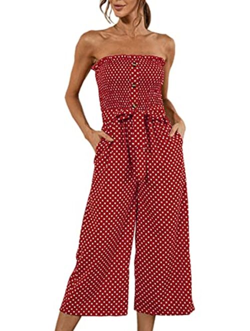 Angashion Women’s Jumpsuit-Casual Off Shoulder Sleeveless Ruffle Button Belt Wide Leg Jumpsuits Romper with Pockets