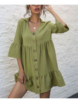 Suvimuga Green Tiered Ruffle Bell-Sleeve Shirt Dress - Women