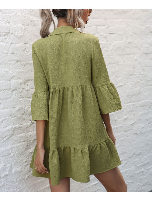 Suvimuga Green Tiered Ruffle Bell-Sleeve Shirt Dress - Women