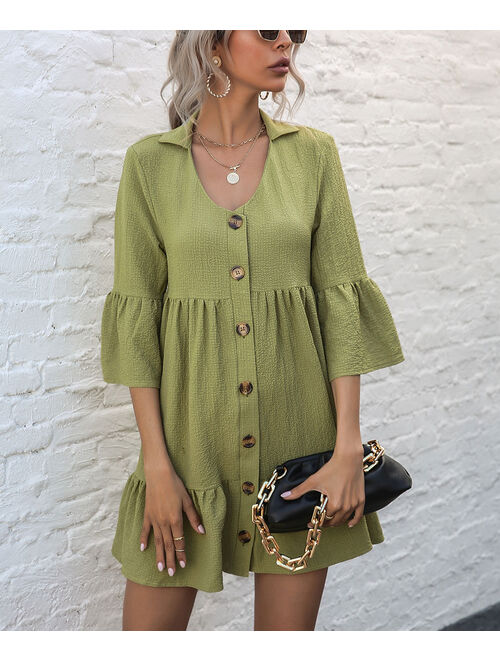 Suvimuga Green Tiered Ruffle Bell-Sleeve Shirt Dress - Women