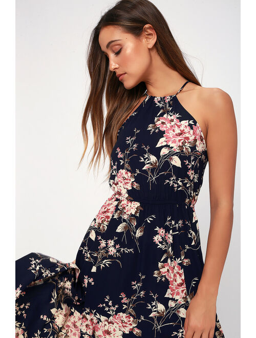 Lulus Feel the Music Midnight Blue Floral Print Maxi Dress