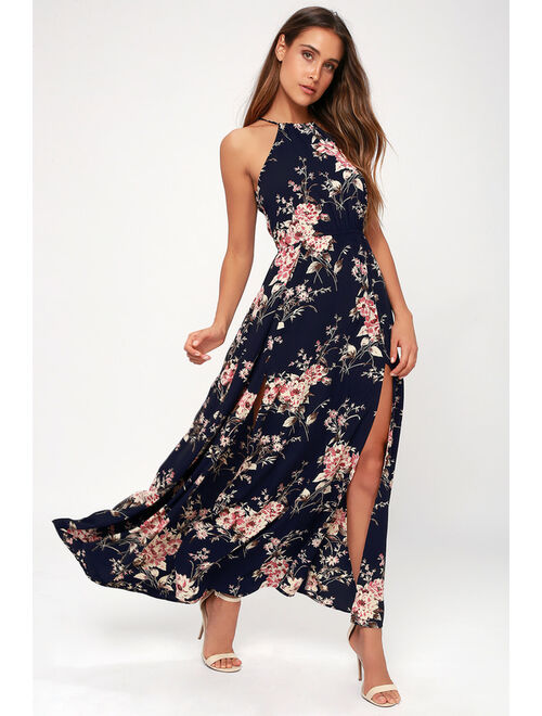 Lulus Feel the Music Midnight Blue Floral Print Maxi Dress