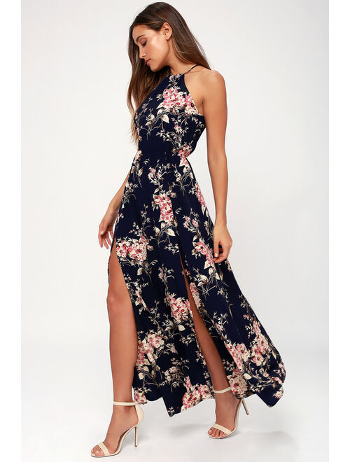 Lulus Feel the Music Midnight Blue Floral Print Maxi Dress