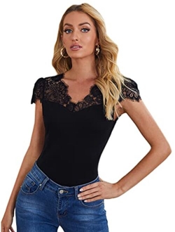 Women's Elegant Contrast Lace Trim Cap Sleeve V Neck Sloid Slim Fit Blouse Tops