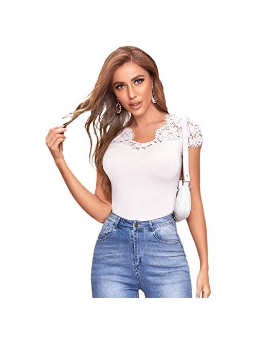 Romwe Women's Elegant Contrast Lace Trim Cap Sleeve V Neck Sloid Slim Fit Blouse Tops