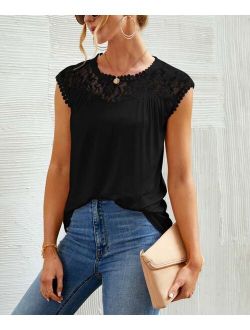 Camisa Black Lace-Yoke Cap-Sleeve Top - Women