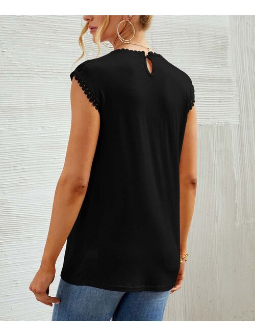 Camisa Black Lace-Yoke Cap-Sleeve Top - Women