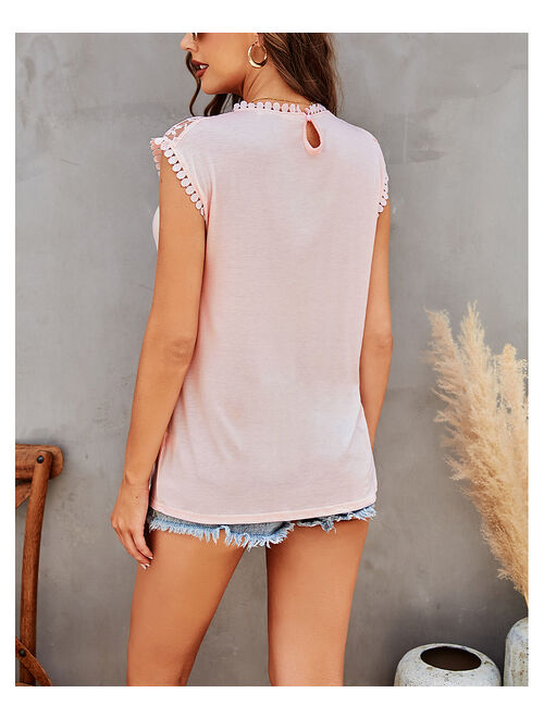 La Mode Pink Lace-Yoke Cap-Sleeve Top - Women