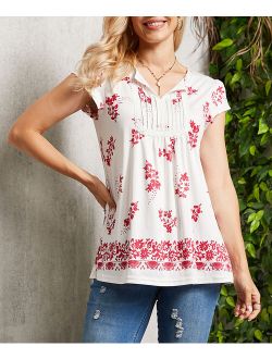 Suzanne Betro Ivory & Red Floral Ruched Cap-Sleeve Tunic - Women & Plus