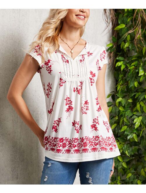 Suzanne Betro Ivory & Red Floral Ruched Cap-Sleeve Tunic - Women & Plus