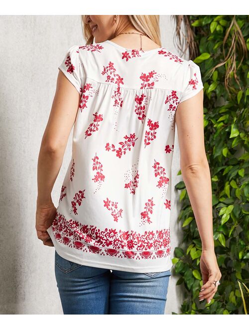 Suzanne Betro Ivory & Red Floral Ruched Cap-Sleeve Tunic - Women & Plus