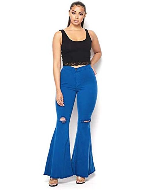 Vibrant Women's Juniors Bell Bottom High Waist Fitted Denim Jeans