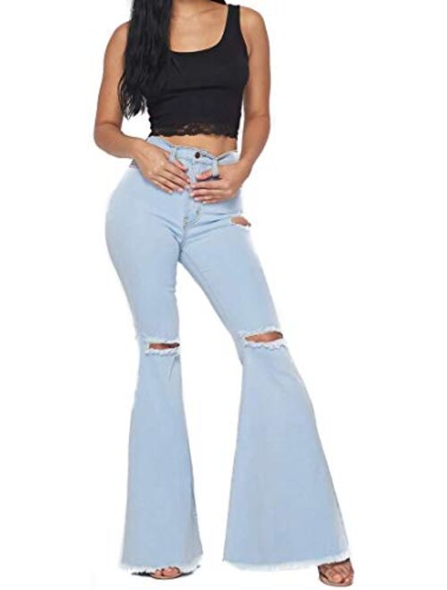 Vibrant Women's Juniors Bell Bottom High Waist Fitted Denim Jeans