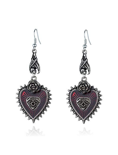 Punk Rock Bat Gothic Evil Eye Red Heart Earrings for Women Halloween Cosplay