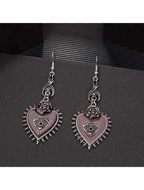 Punk Rock Bat Gothic Evil Eye Red Heart Earrings for Women Halloween Cosplay