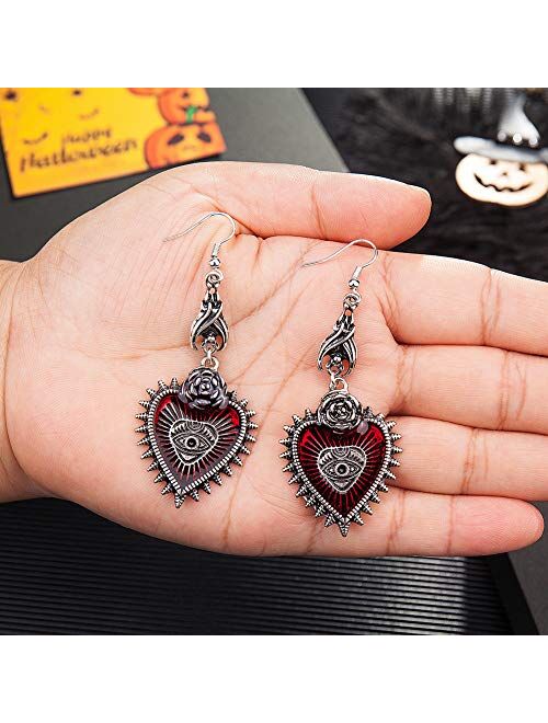 Punk Rock Bat Gothic Evil Eye Red Heart Earrings for Women Halloween Cosplay