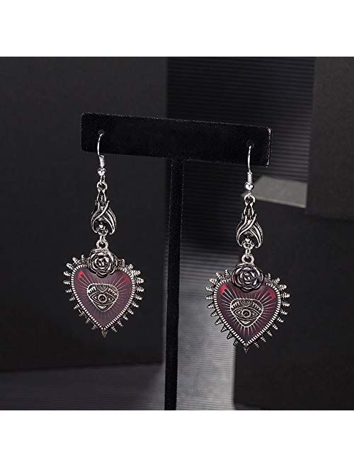 Punk Rock Bat Gothic Evil Eye Red Heart Earrings for Women Halloween Cosplay