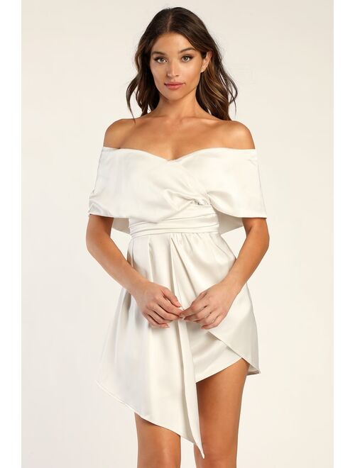 Lulus Always Celebrating Ivory Satin Off-the-Shoulder Mini Dress