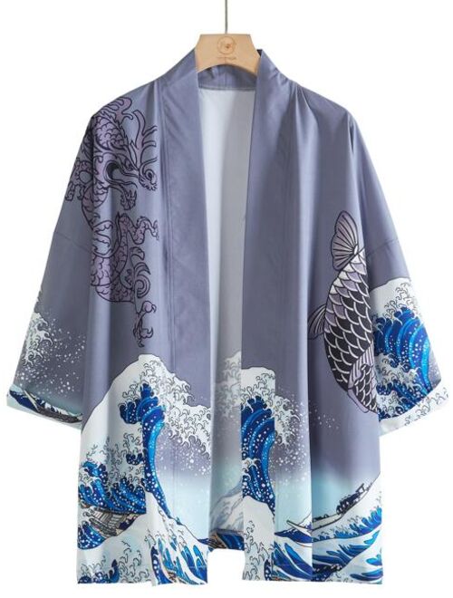 Shein Men Chinese Dragon And Wave Print Kimono