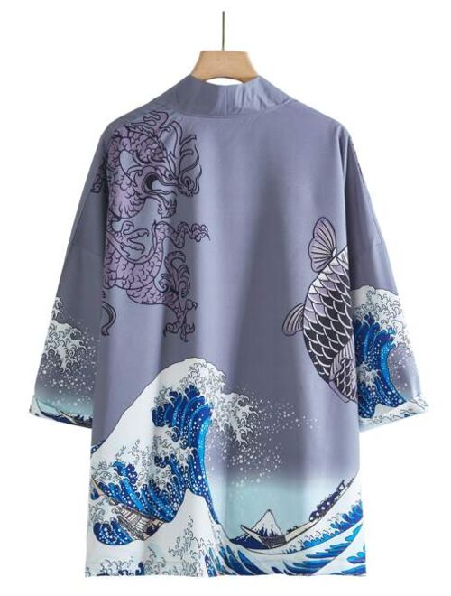 Shein Men Chinese Dragon And Wave Print Kimono