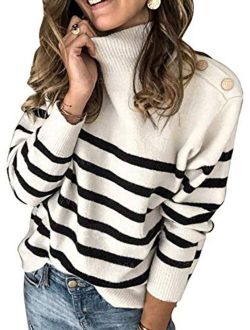 Womens Striped High Neck Ribbed Knit Sweater Button Long Sleeve Pullover Jumper Tops