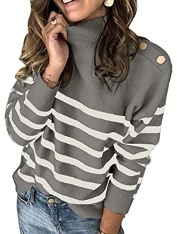 Womens Striped High Neck Ribbed Knit Sweater Button Long Sleeve Pullover Jumper Tops