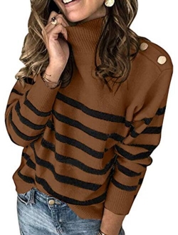 Womens Striped High Neck Ribbed Knit Sweater Button Long Sleeve Pullover Jumper Tops