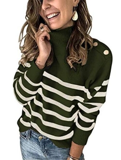 Womens Striped High Neck Ribbed Knit Sweater Button Long Sleeve Pullover Jumper Tops