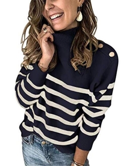 Womens Striped High Neck Ribbed Knit Sweater Button Long Sleeve Pullover Jumper Tops