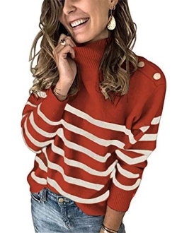 Womens Striped High Neck Ribbed Knit Sweater Button Long Sleeve Pullover Jumper Tops