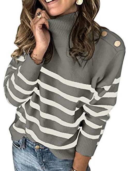 Asvivid Womens Striped High Neck Ribbed Knit Sweater Button Long Sleeve Pullover Jumper Tops