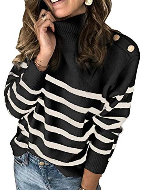 Asvivid Womens Striped High Neck Ribbed Knit Sweater Button Long Sleeve Pullover Jumper Tops