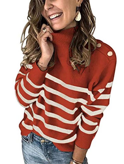 Asvivid Womens Striped High Neck Ribbed Knit Sweater Button Long Sleeve Pullover Jumper Tops