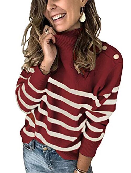 Asvivid Womens Striped High Neck Ribbed Knit Sweater Button Long Sleeve Pullover Jumper Tops