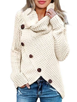 Womens Button Turtle Cowl Neck Asymmetric Hem Wrap Pullover Sweater Tops