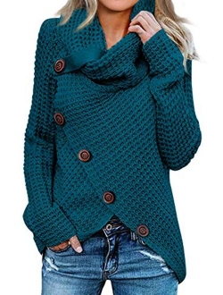 Womens Button Turtle Cowl Neck Asymmetric Hem Wrap Pullover Sweater Tops