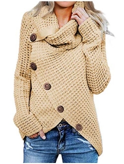 Womens Button Turtle Cowl Neck Asymmetric Hem Wrap Pullover Sweater Tops