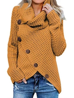 Womens Button Turtle Cowl Neck Asymmetric Hem Wrap Pullover Sweater Tops