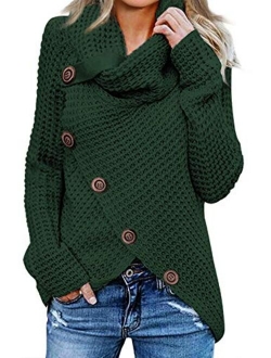 Womens Button Turtle Cowl Neck Asymmetric Hem Wrap Pullover Sweater Tops