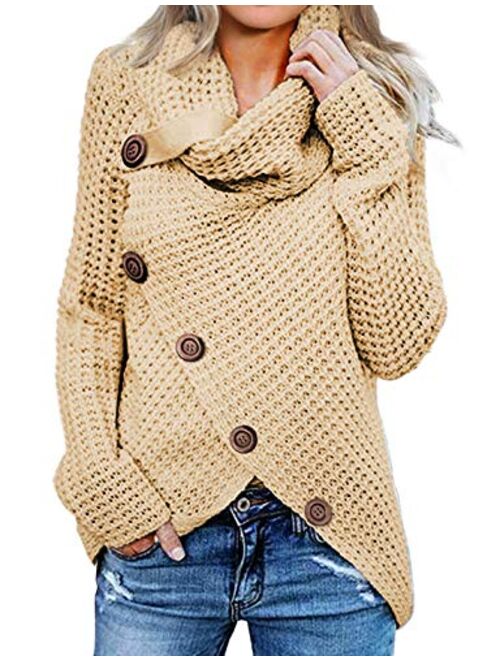 Asvivid Womens Button Turtle Cowl Neck Asymmetric Hem Wrap Pullover Sweater Tops