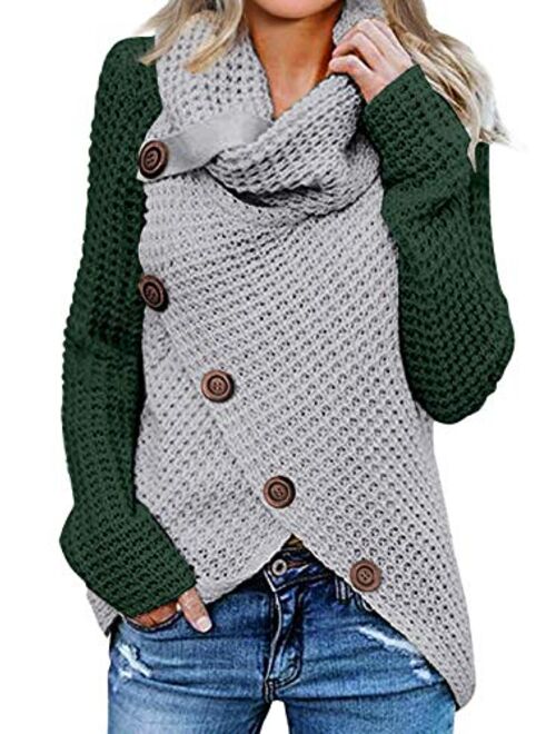 Asvivid Womens Button Turtle Cowl Neck Asymmetric Hem Wrap Pullover Sweater Tops