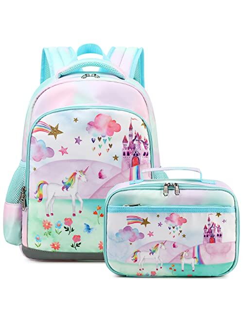 OctSky Unicorn Backpack for Girls, Kids Preschool Backpacks Cute Lightweight With Chest Strap and Lunchbox