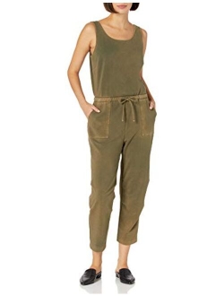 Women's Stretch Cotton Knit Twill Drawstring Waist Sleeveless Jumpsuit