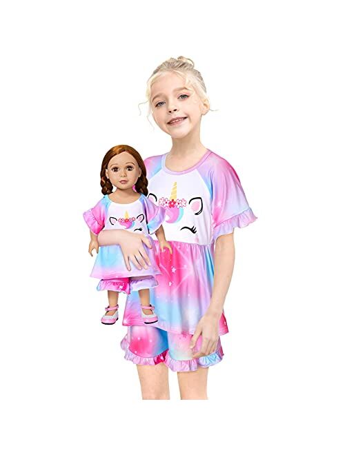 Matching Girl & Doll Pajamas Unicorn Outfit Clothes for Girls and 18" Dolls Pajama Sets