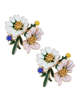 Szxc Women's Daisy Flower Leaves Mushroom Hypoallergenic Stud Earrings - Enamel & Crystals - 4/5 Inch - Ultra Light