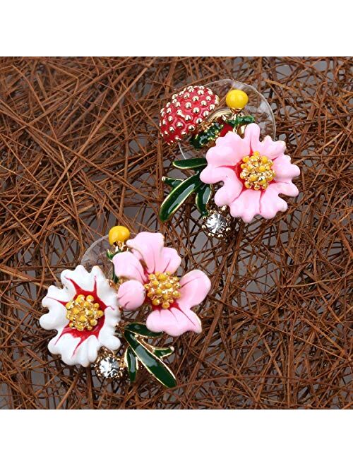 Szxc Women's Daisy Flower Leaves Mushroom Hypoallergenic Stud Earrings - Enamel & Crystals - 4/5 Inch - Ultra Light