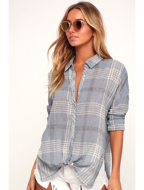 O'Neill Arlow Light Blue Plaid Tie-Front Button-Up Top