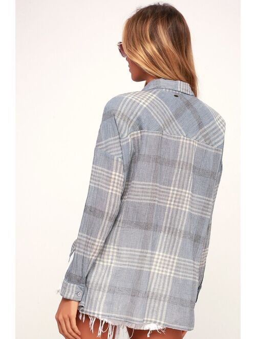 O'Neill Arlow Light Blue Plaid Tie-Front Button-Up Top