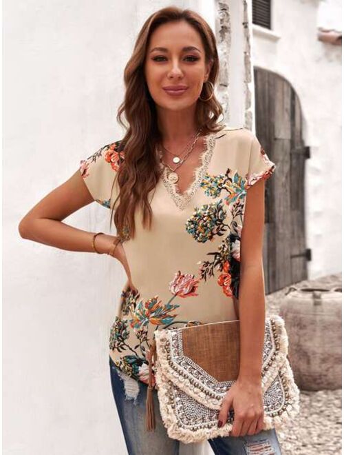 Shein Floral Print Contrast Lace Blouse